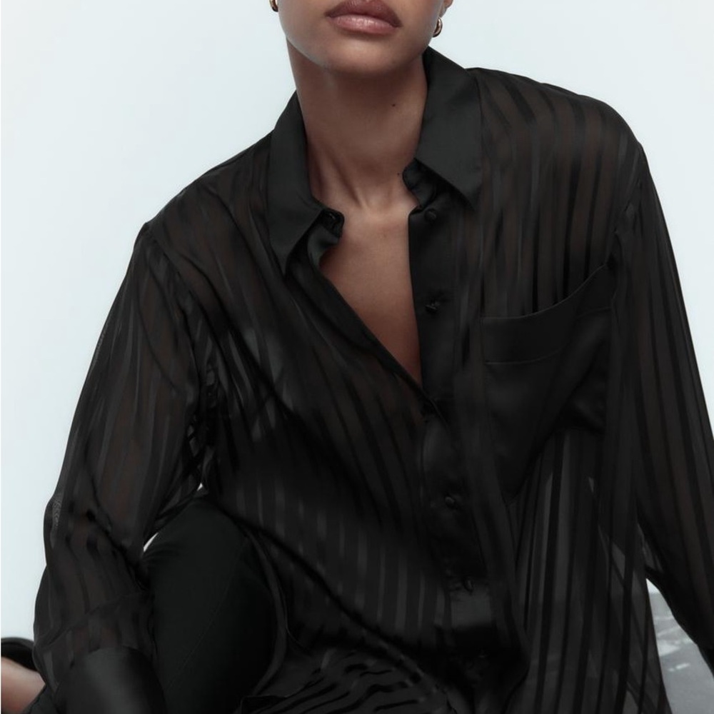 Zara Sheer Striped Button Down Blouse XS